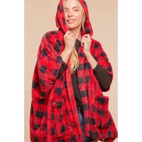 Red Plaid Sherpa Cardigan Open Front Hooded Relaxed Fit - Picture 4 of 11